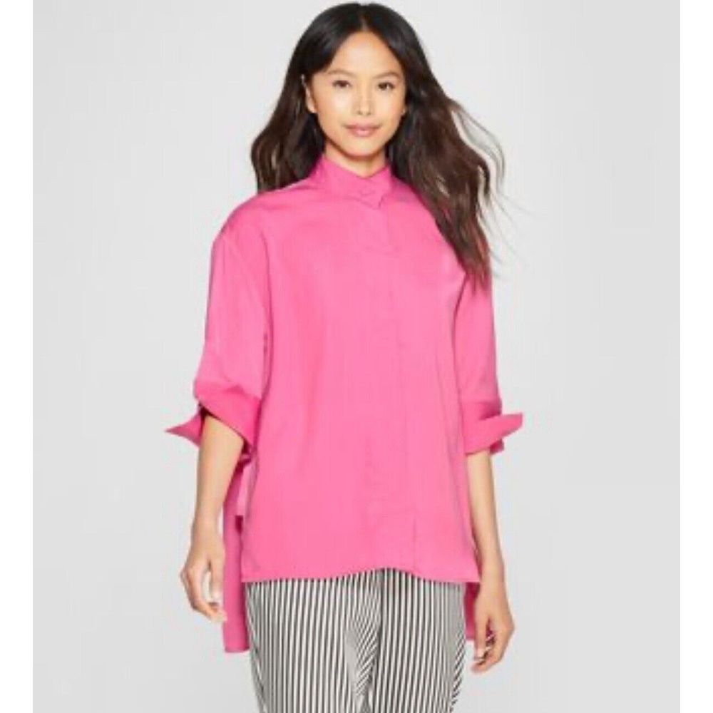 Who What Wear Chic Hot Pink Blouse Silky Button Down 3/4 Sleeve Size XS